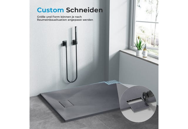 Duschwanne Flach Steinoptik Antirutsch Duschtasse smc mit Abdeckung Brausetasse(ohne Siphon) 90x90cm Grau - Heilmetz