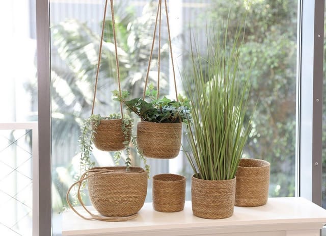 Seegras Blumenampel natur 3er Set - 23 / 20 / 17 cm - Pflanztopf zum Hängen aus Naturmaterial - Hänge Blumentopf Pflanzen Halter mit Innenfolie