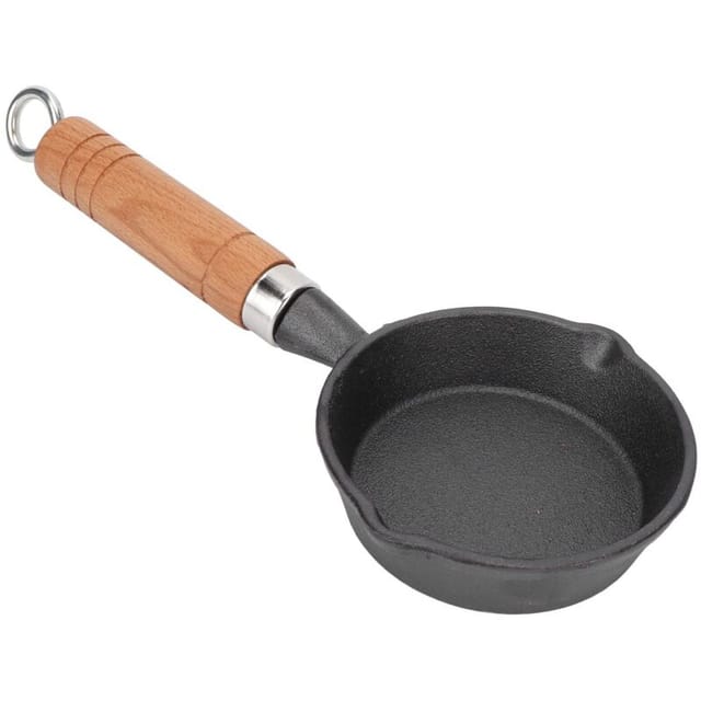 Gusseiserne Bratpfanne (10 cm) mit Holzgriff. Mini-Spiegeleipfanne. Flache Bratpfanne.