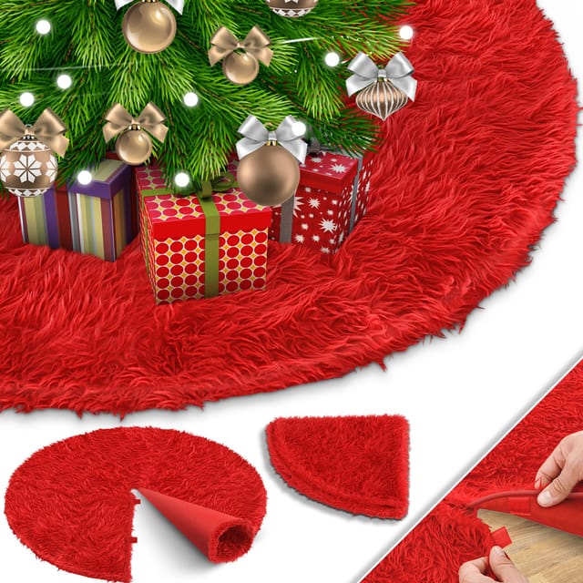Weihnachtsbaumdecke Tannenbaum Decke Christbaumdecke Kunstfell Rund Teppich Filz Plüsch Für Schnee Christbaum Weihnachtsbaum Deko Rot / Ø 122cm - Kesser