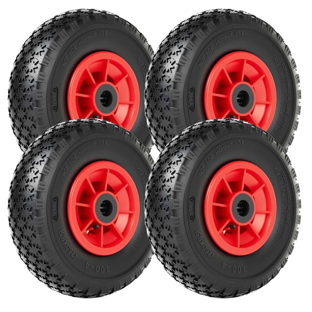 4x Rad 3.00-4 85 x 260 mm 90 kg, HT2046 Schubkarren Komplettrad mit Kunststofffelge, Winkelventil, Luftreifen für Sackkarre, Bollerwagen u.a .
