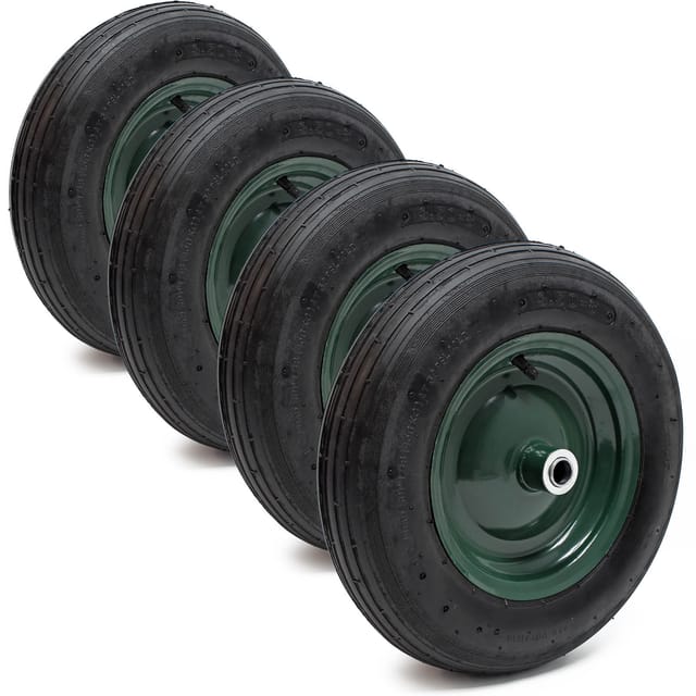 Wiltec - 4x Rad 3.50-8 370-380 x 80-100 mm 130 kg, Schubkarren Komplettrad mit Metallfelge, Winkelventil, Luftreifen für Sackkarre, Bollerwagen u.a .