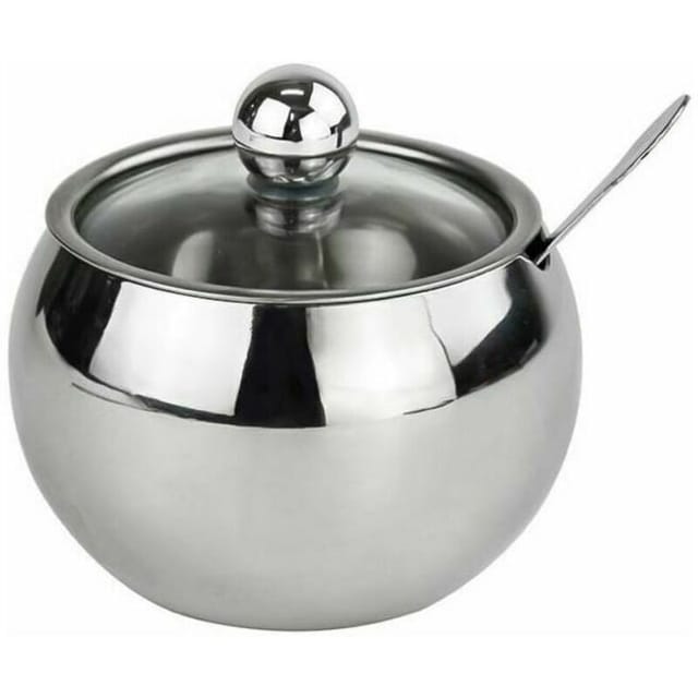 Zuckerdose aus Edelstahl mit Klarglasdeckel und Löffel, Gewürzglas für gesalzenen Zuckertee