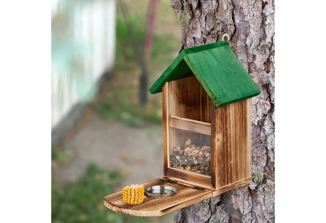 Eichhörnchen Futterhaus, Holz, Eichhörnchenfutterstation mit Maiskolbenhalter, Napf, Sitzplattform, natur/grün - Relaxdays