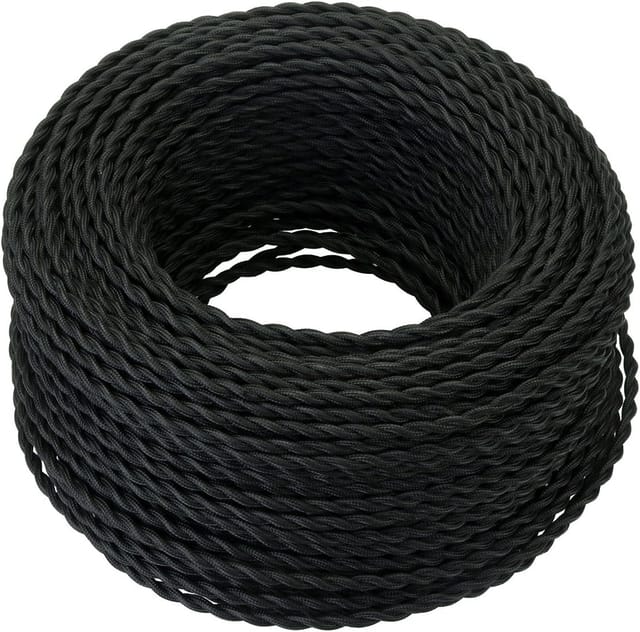 10 m Textil-Elektrokabel,Retro Twisted Braided Hemp Rope Cable 2x0,75 mm², 2 verdrillte Litzen,für DIY Pendelleuchte/Schwarz - RWCable électrique