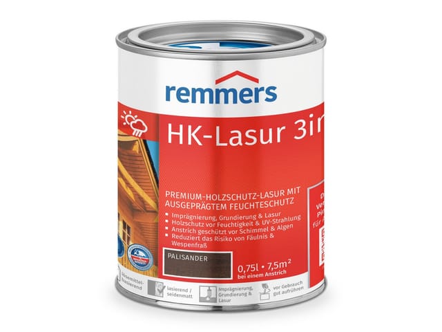 HK-Lasur 3in1 palisander, 0,75 Liter, Holzlasur aussen, 3facher Holzschutz mit Imprägnierung + Grundierung + Lasur, Feuchtigkeit- und UV-Schutz