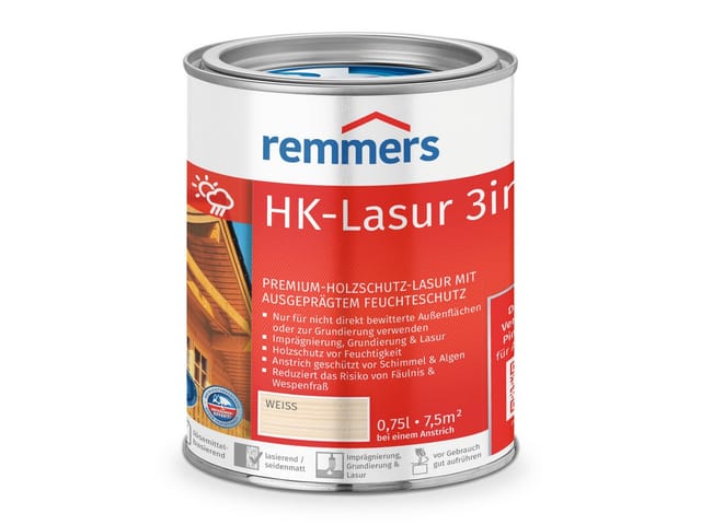 Remmers HK-Lasur 3in1 weiß, 0,75 Liter, Holzlasur aussen, 3facher Holzschutz mit Imprägnierung + Grundierung + Lasur, Feuchtigkeit- und UV-Schutz