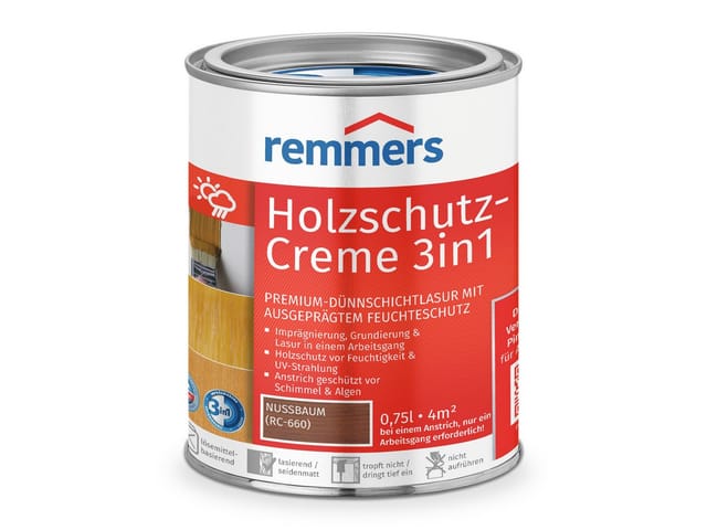 Holzschutz-Creme 3in1 nussbaum, 0,75 Liter, tropffreie Holzlasur für aussen, 3facher Holzschutz mit Imprägnierung + Grundierung + Lasur - Remmers