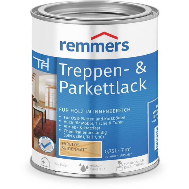 Treppen- & Parkettlack farblos seidenmatt, 0,75 Liter, Holz und Parkett Versiegelung für innen, Versiegelungslack zum Streichen, abriebfest - Remmers