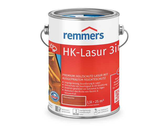 HK-Lasur 3in1 mahagoni, 2,5 Liter, Holzlasur aussen, 3facher Holzschutz mit Imprägnierung + Grundierung + Lasur, Feuchtigkeit- und UV-Schutz - Remmers