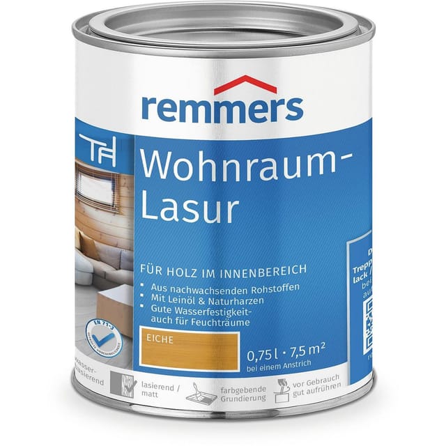 Remmers Wohnraum-Lasur eiche, 0,75 Liter, Holzlasur innen, für Möbel, Böden, Innentüren und Treppen geeignet, mit Abperleffekt