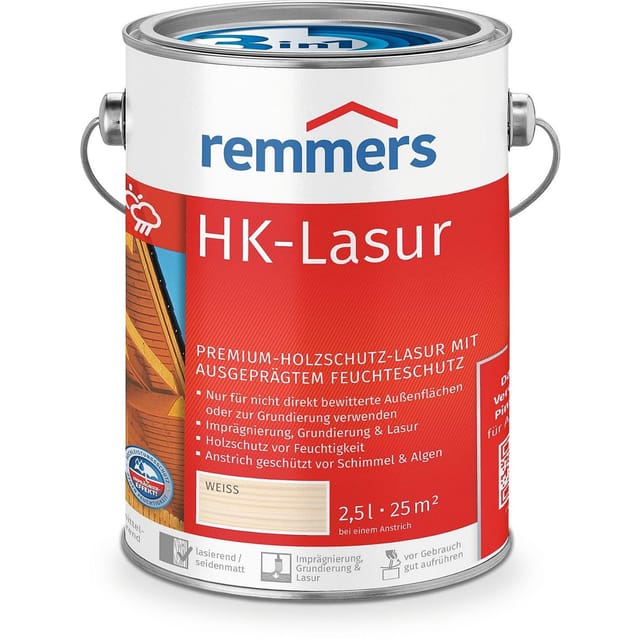 Remmers HK-Lasur 3in1 weiß, 2,5 Liter, Holzlasur aussen, 3facher Holzschutz mit Imprägnierung + Grundierung + Lasur, Feuchtigkeit- und UV-Schutz
