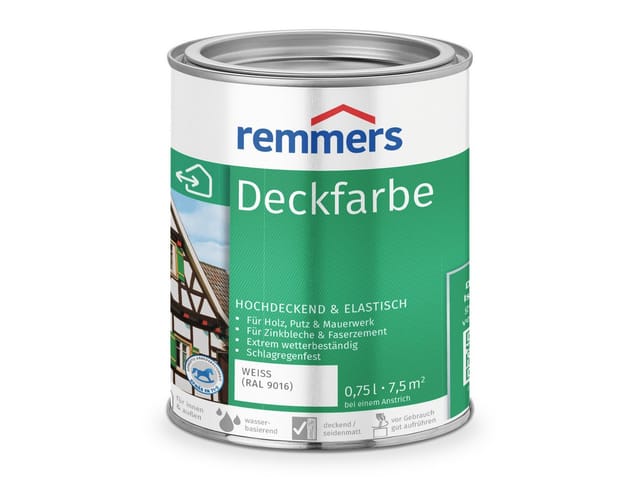 Deckfarbe weiß (ral 9016), 0,75 Liter, Deckfarbe für innen und außen, Wetterschutzfarbe viele Untergründe, hochdeckend, wetterfest - Remmers