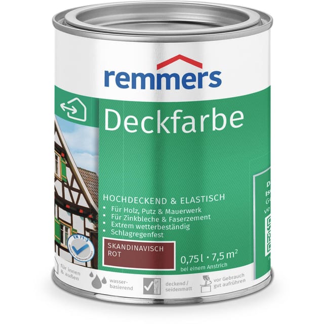 Deckfarbe skandinavisch rot, 0,75 Liter, Deckfarbe für innen und außen, Wetterschutzfarbe viele Untergründe, hochdeckend, wetterfest - Remmers