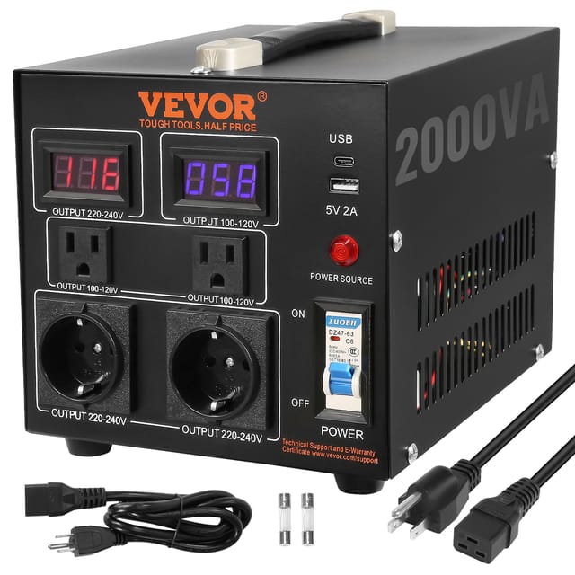 2000w Spannungswandler Transformator Ac 110v⇋220v Transformer Wandler 2x Us Nema 5-15r 3-polige/2x Standardmäßige Europäische Shucko-ausgangssteckdosen, 1x 5v-usb-anschluss, 1x Typ-c-buchse - Vevor