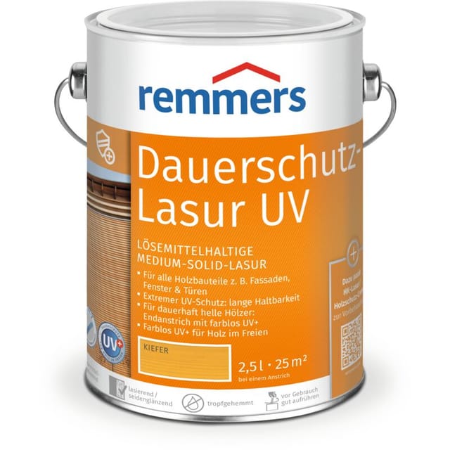 Dauerschutz-Lasur uv kiefer, 2,5 Liter, Holz UV-Schutz für außen, auch für helle Farbtöne und farblos uv+, blockfest, wetterbeständig - Remmers
