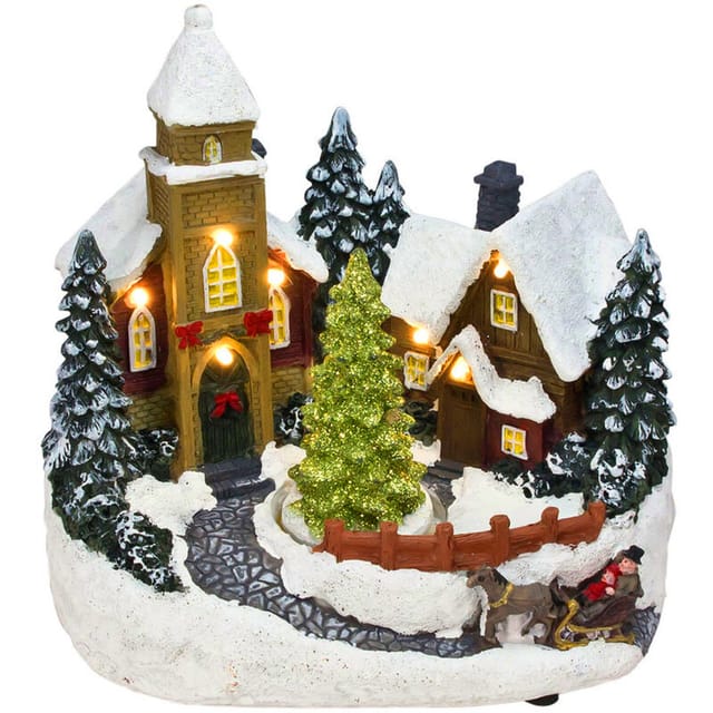 Led Weihnachtsdorf Szene mit Bewegung - 19 cm - Deko Winterstadt warm weiß beleuchtet - Weihnachtsdeko Tischdeko Winterdorf Weihnachtsstadt Batterie