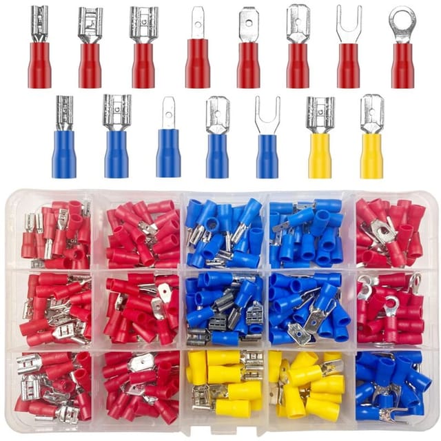 Aougo - 280 Stück 15 Arten elektrische Crimpklemmen, elektrische Crimpverbinder mit Isolierbuchsen, flache Ringgabelklemmen
