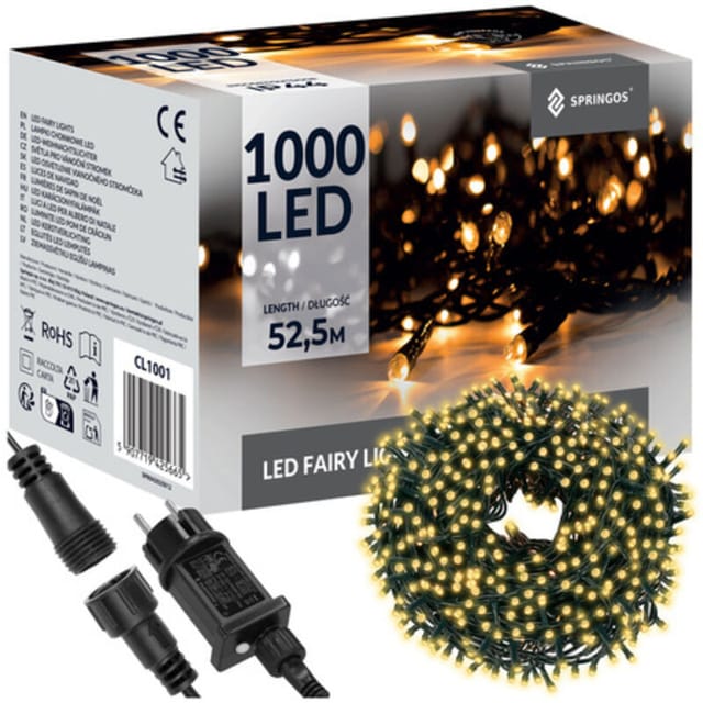 Lichterkette mit 1000 LEDs 8 Modi Warmweißes Licht 52,5 m Strombetrieben grünes Kabel