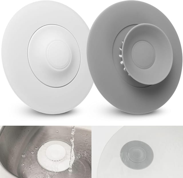 Csparkv - Universeller Abflussstopfen, 4 Einheiten, ø 10 cm, Weiß + Grau, Silikon, integrierter Filter für Essens- und Haarreste, Abflüsse bis ø 80