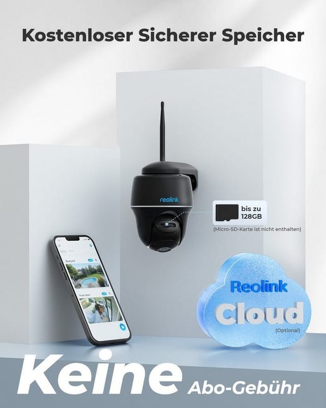 Reolink - 2K 4MP Überwachungskamera mit Schwenk & Neige, 2,4/5GHz wlan, Personen-/Autoerkennung, Akku-/Solarbetrieb, Schwarz, + Solarpanel