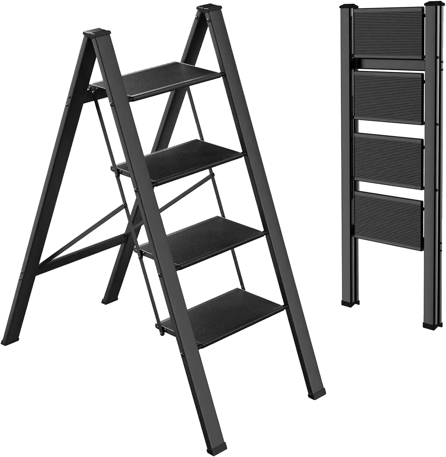 Ausziehbare Leiter, Leicht, Faltbar, Schwarze 4-stufige Leiter