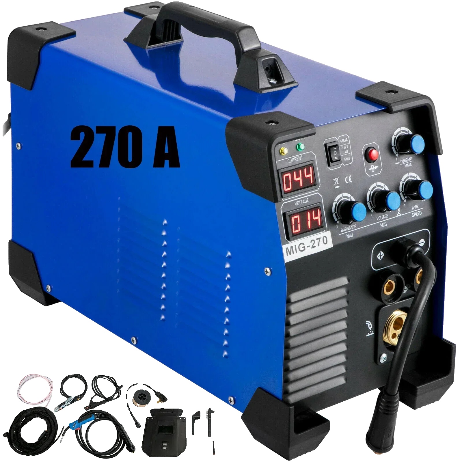 Schweißgerät, 270 A Stromstärke, 220 V Spannung, 5,6 Kva Eingangsleistung, Gewicht 8,4 Kg, Schutzart Ip21s