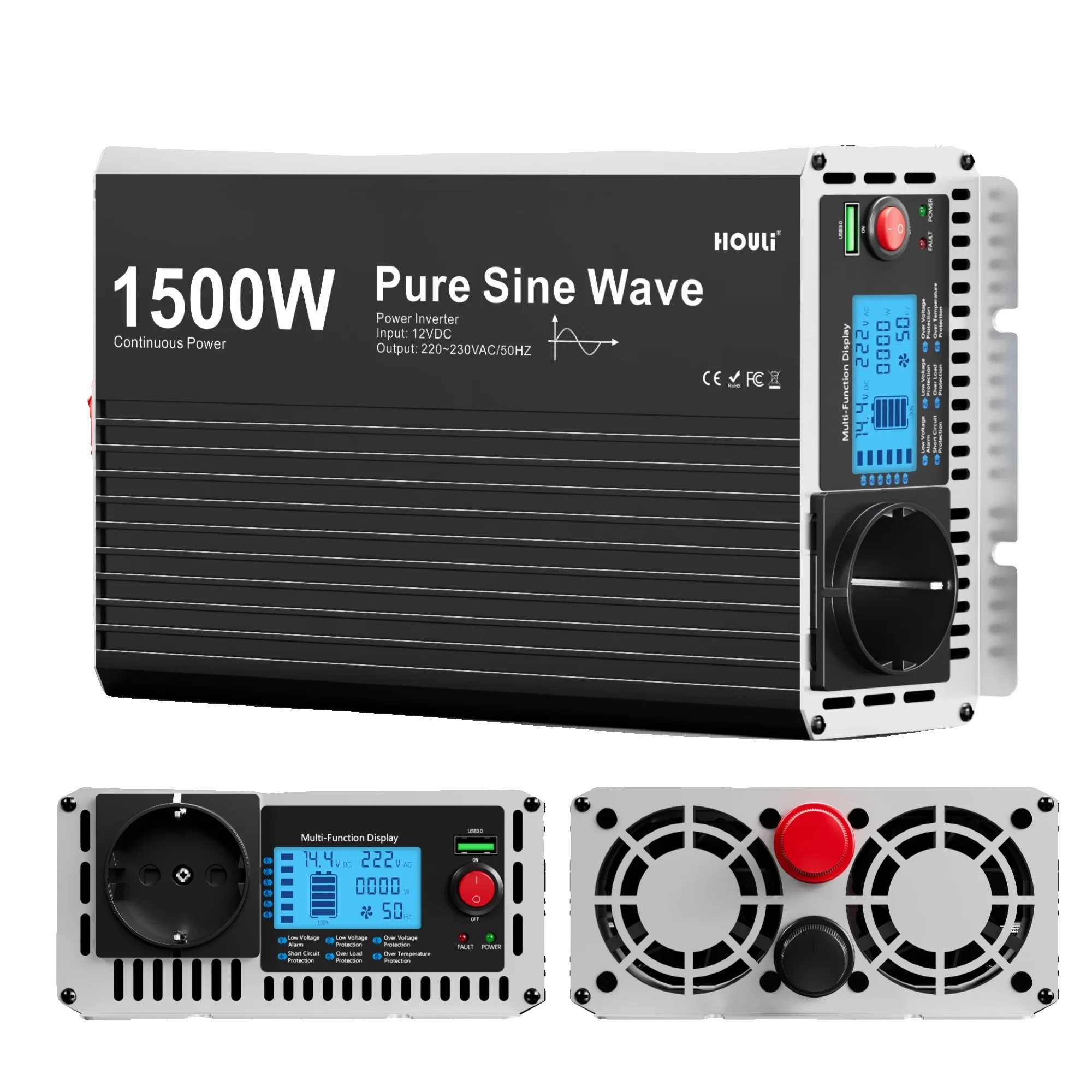 Wechselrichter, Reine Sinuswelle, Lcd-display, Fernbedienung, 1500 W, 12 V, 220–230 V, 50 Hz