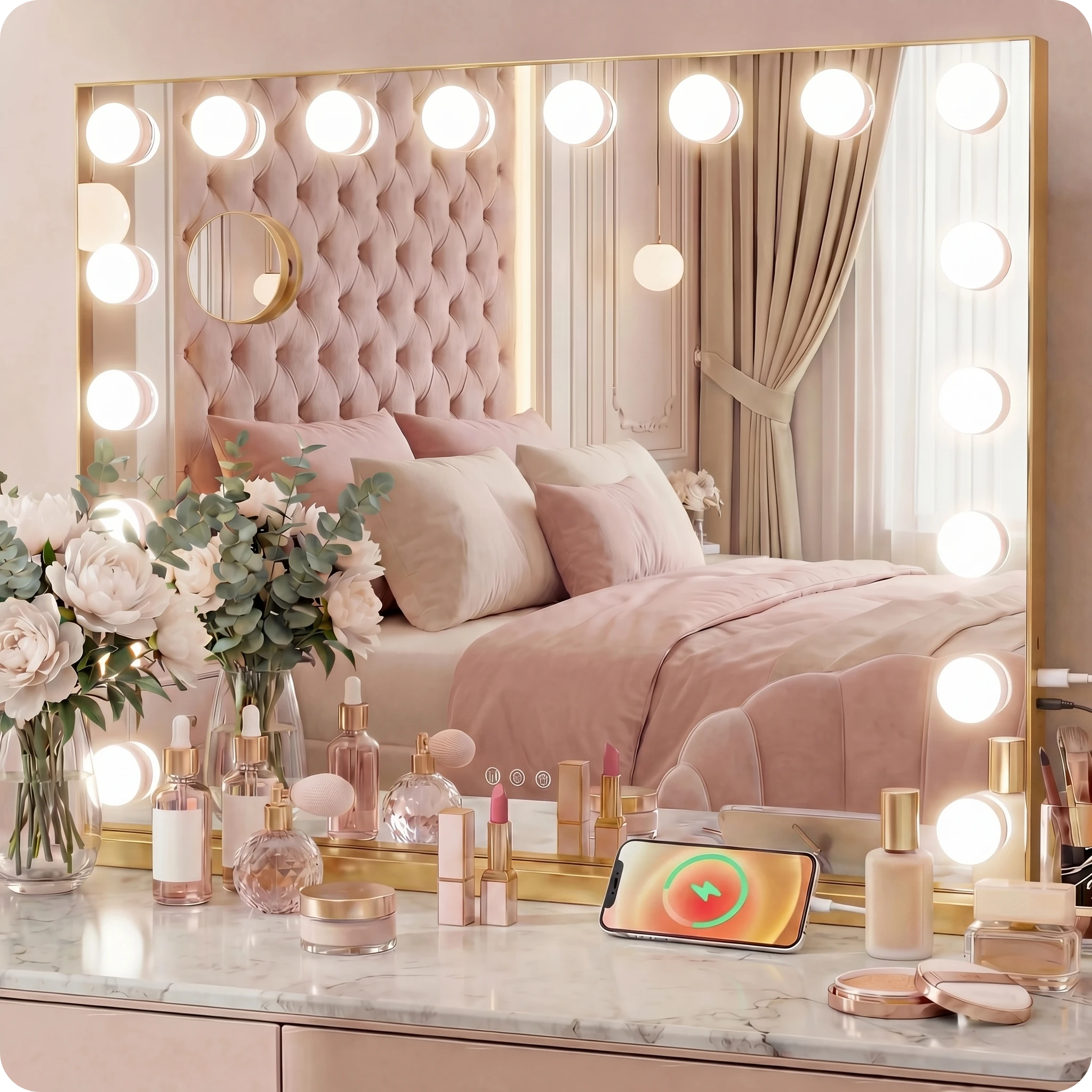 Hollywood-schminkspiegel 58x48 Cm, 3-farbige Led-beleuchtung, Bluetooth-lautsprecher, Standfuß