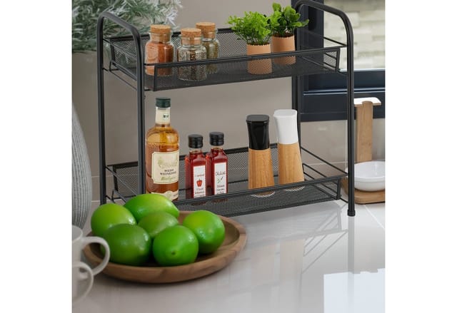 Relaxdays - Gewürzregal, 2 Ebenen, Tischregal für Küche & Bad, Gewürze, Make-Up, Parfüm, Etagenregal aus Metall, Schwarz