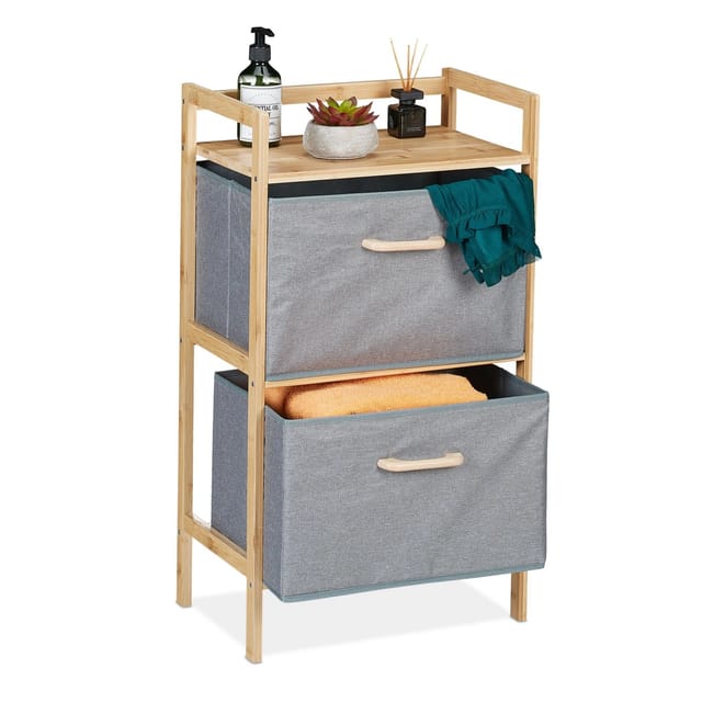 Badregal mit Wäschekörben, 1 offene Ablage & 2 Stoffkörbe, hbt: 76 x 43 x 27 cm, Standregal Bambus, natur/grau - Relaxdays