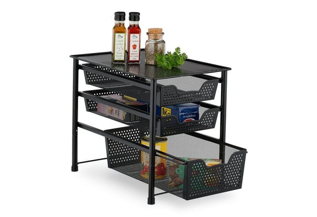 Relaxdays - Schubladenregal, stapelbarer Büro Organizer, 3 Ausziehkörbe, Metall, Küche, Bad, hbt: 35x28x42,5 cm, schwarz
