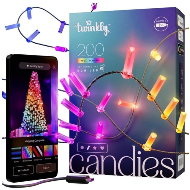 Twinkly CANDIES Intelligente Kerzen-Weihnachtsbeleuchtung, 200 RGB-LEDs, grünes Kabel der zweiten Generation