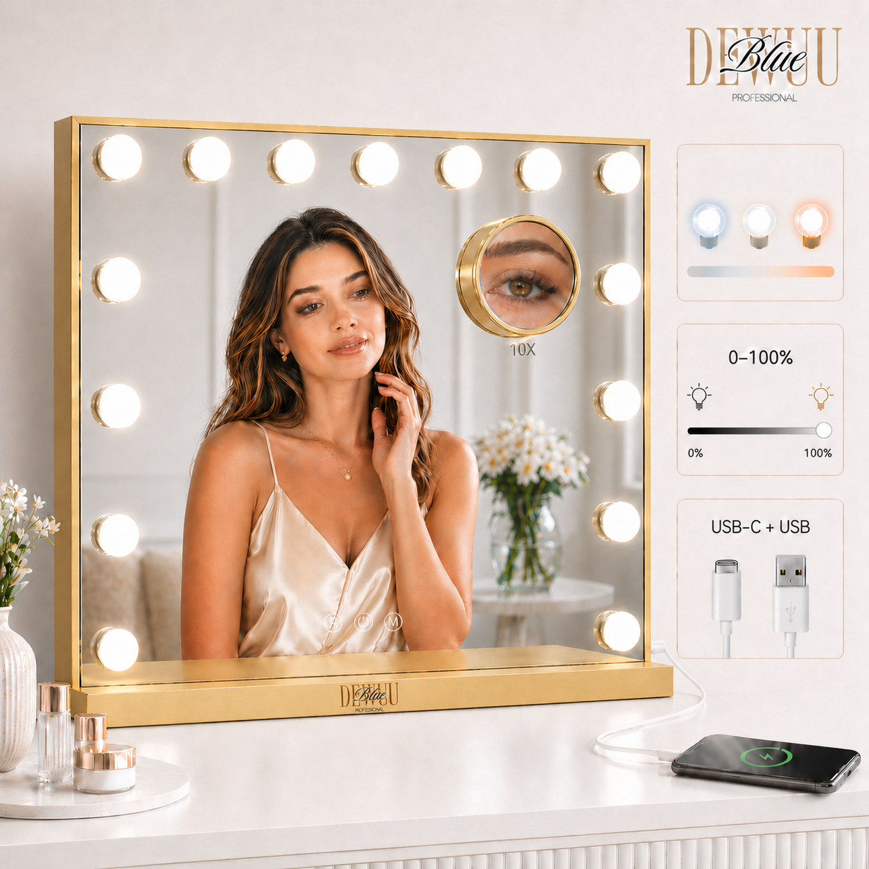 Hollywood Kosmetikspiegel 58x48 Led Gold