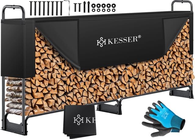 Kaminholzregal Metall Brennholzregal außen Stahlrahmen + Abdeckung & Handschuhe Kaminholzunterstand 200kg Wasserdichter Holzlager Holzstapelhilfe