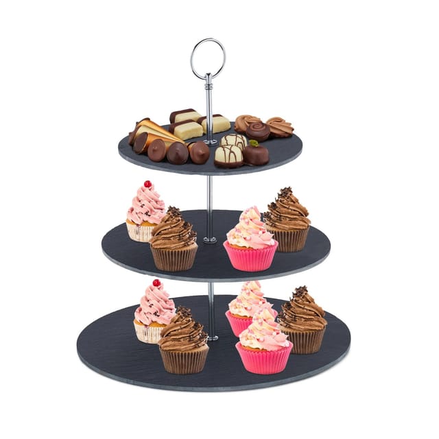 Etagere, 3 Etagen, Schiefer, Kuchen, Snacks, Obst, Metallgriff, Servierständer, HxD 33x30 cm, anthrazit/silber - Relaxdays