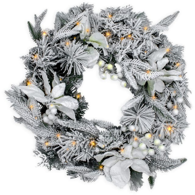 LED Tannenkranz mit Schnee und Blumen warm weiß beleuchtet - 61 cm mit 35 LED - Weihnachtskranz Batterie betrieben mit Timer - Tischkranz Türkranz