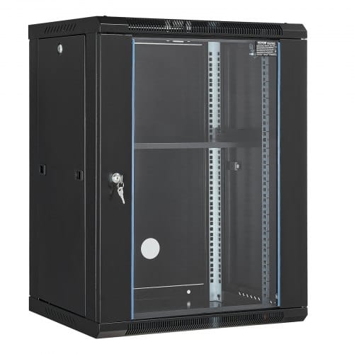 15U Serverschrank zur Wandmontage, 500 lbs Max. Netzwerk-Rack-Gehäuse mit Lenkrollen, abschließbarer Tür aus gehärtetem Glas, Q235 Kohlenstoffstahl