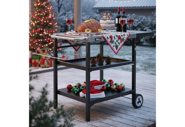 Outdoor Grilltisch, 3-Etagen Servierwagen mit 70 x 50 cm Edelstahl Tischplatte und 30 x 50 cm klappbarer Seitenablage, Beistelltisch Grillablagetisch