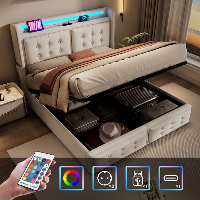 Polsterbett 180x200, Doppelbett Mit Led-kopfteil Und Usb-c-ladefunktion, Hydraulisches Bett Mit Holzlattenrost Und Metallgestell, Belastbarkeit 300 Kg, Beige, Baumwolle (ohne Matratze)