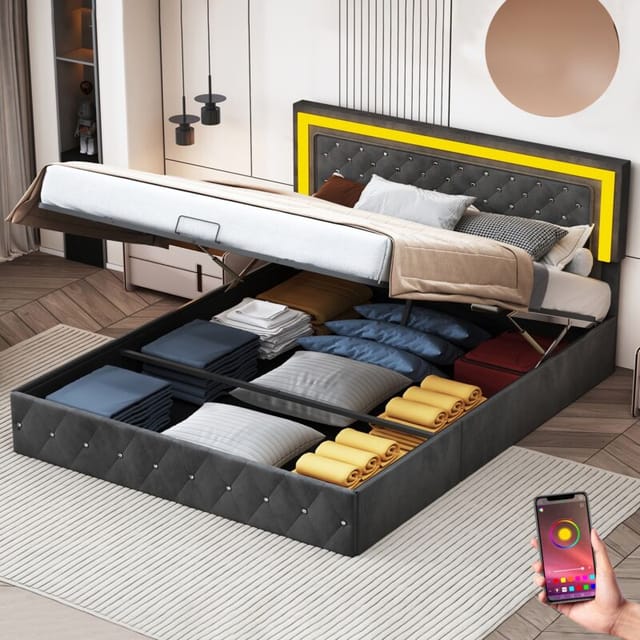 Erwachsenenbett 160x200 cm, mit LED-Beleuchtung, Stauraum, Kopfteil mit Kristallknöpfen, Lattenrost aus Holz, Doppelbett im Veloursstoff - Schwarz