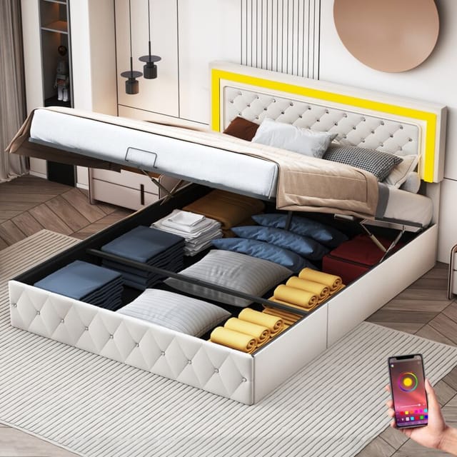 Erwachsenenbett 160x200 cm, mit LED-Beleuchtung, Stauraum, Kopfteil mit Kunst-Kristallknöpfen, Lattenrost aus Holz, Doppelbett aus Velours - Beige