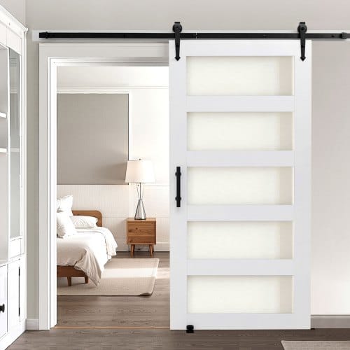 Vevor Schiebetür Im Scheunenstil Schiebetürsystem (1067 X 2134 Mm) Aus Hochfesten Mdf-platten & Milchglas, Scheunentor Mit Hardware-kit & Wasserfester Pvc-oberfläche & H-rahmen Für Badezimmer