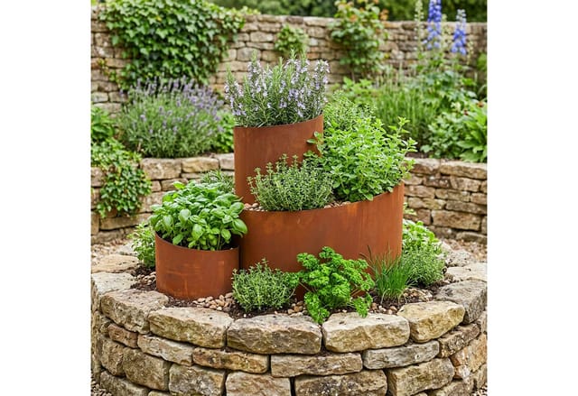 Relaxdays Kräuterspirale, HxBxT: 43 x 61 x 41 cm, 3 Segmente, Rost, Stahl, Kräuterpyramide Garten, Kräuterbeet, braun