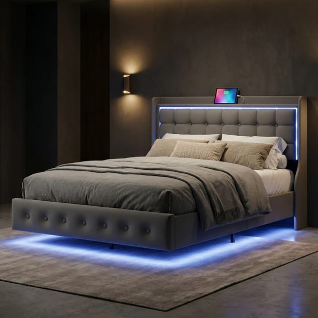 Doppelbett 140x200 Mit Lattenrost, Erwachsenenbett Mit Schwebendem Effekt Und Led-beleuchtung, Kopfteil Mit Usb-anschluss, Samt, Moderner Stil, Grau