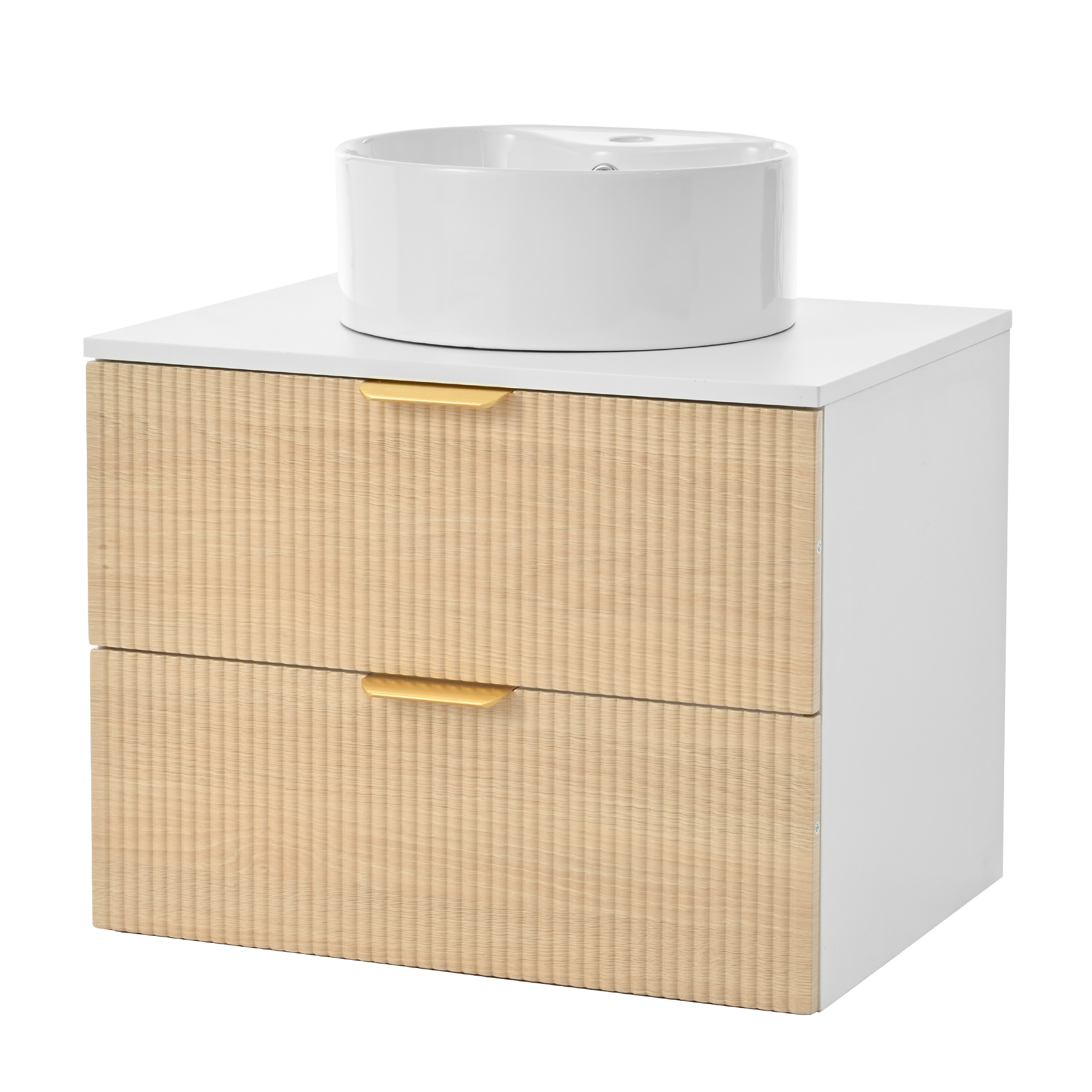 Badunterschrank Hängend Mit 2 Schubladen Und Ablagefläche, Rundem Waschbecken, Mdf, Naturholz, 60 Cm
