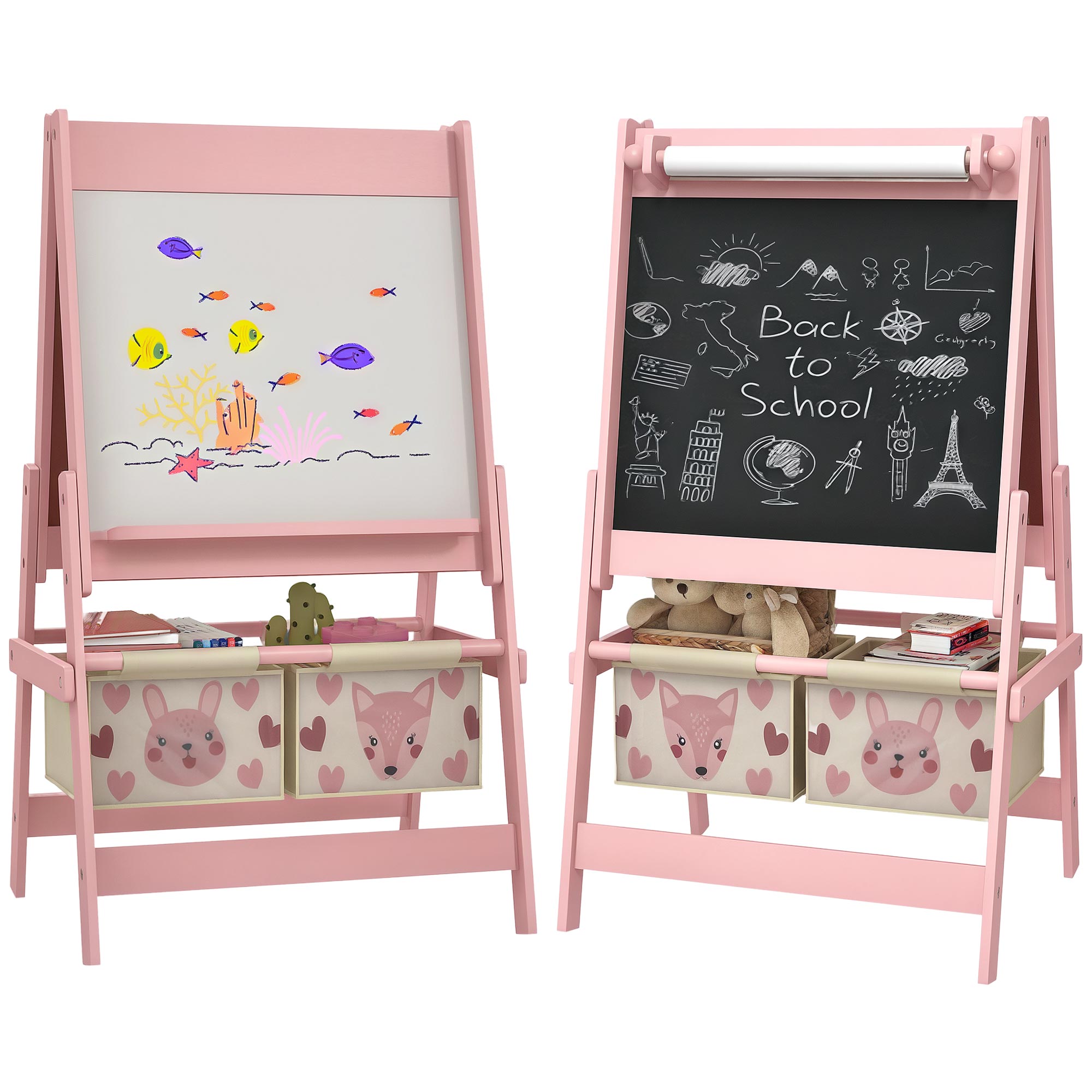 3-in-1 Kinderstaffelei, Doppelseitige Staffelei Mit Papierrolle, Tafel Und 2 Körben, 54 X 46,5 X 93 Cm, Rosa