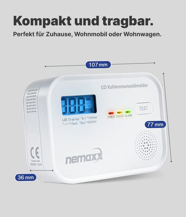 Kohlenmonoxid Melder mit aukustischem & optischem Alarm – Co Melder Gaswarner Haus & Wohnmobil/Wohnwagen-Carbon Monoxide
