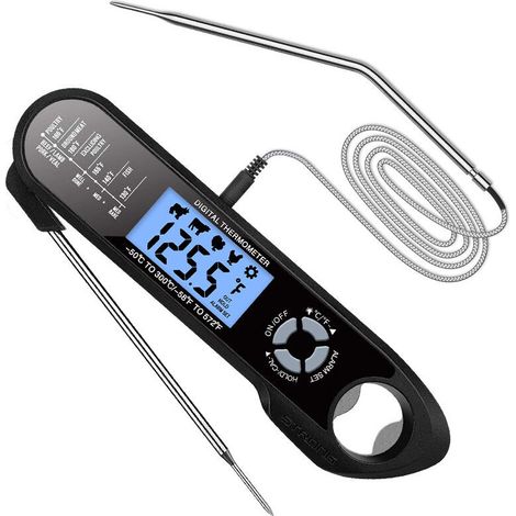 Küchenthermometer, Fleischthermometer, Doppelfühler-sofortanzeige, Zum Aufhängen, Aus Bambus (schwarz)