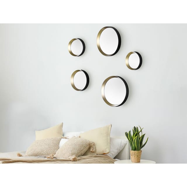 Mirrors And More - Deko Wandspiegel 5er Spiegel set mit Rahmen in Schwarz Gold & Magnet zum Kleben